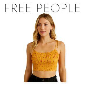 Free People Smocked Floral Ruffled Kaia Tank Top XS Mango EUC